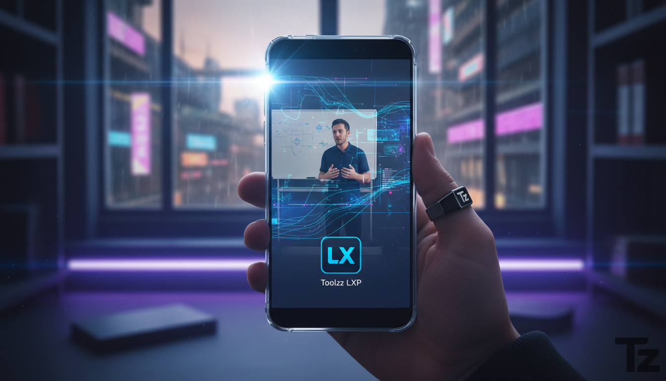 Como Fazer Streaming de Vídeo em LXP: 7 Dicas para 2026 — Um close-up de um smartphone exibindo um vídeo de treinamento da Toolzz LXP. A tela do smartphone reflete a luz de uma janela, criando um efei