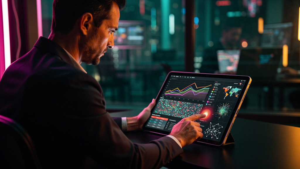 Como Fluxos de Human Approval em IA economiza tempo em 2026 — Um especialista em finanças analisa um dashboard complexo em um tablet. Um alerta é disparado, indicando uma transação suspeita detectada