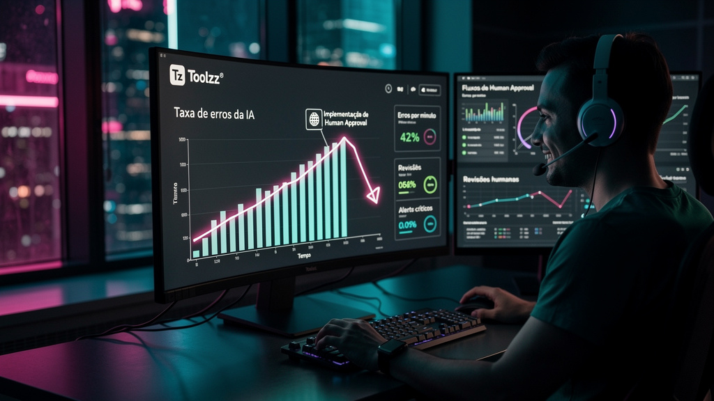 Como Fluxos de Human Approval está reinventando a IA em 2026 — Uma tela de computador mostrando um painel de controle da Toolzz AI. No painel, um gráfico de barras exibe a taxa de erros de um sistema 