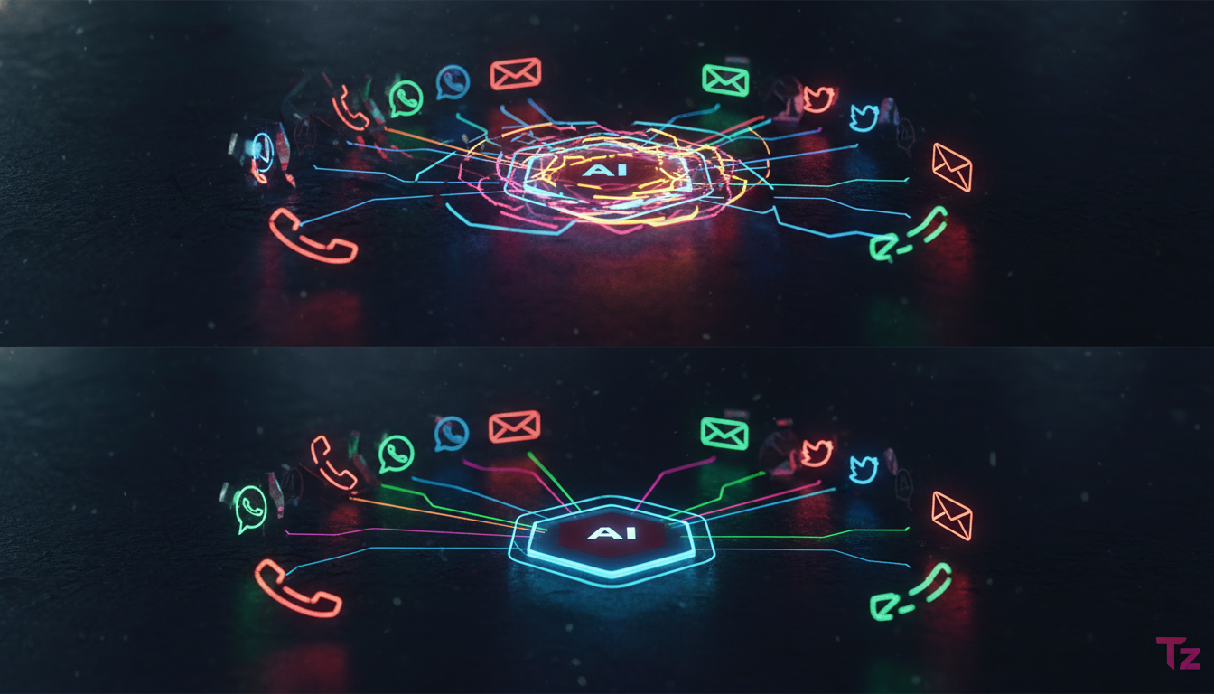 Como IA aumentou vendas em 20% para clínicas e consultórios — Infográfico comparando o fluxo de atendimento tradicional fragmentado (vários canais desconectados) com um sistema omnichannel integrado p