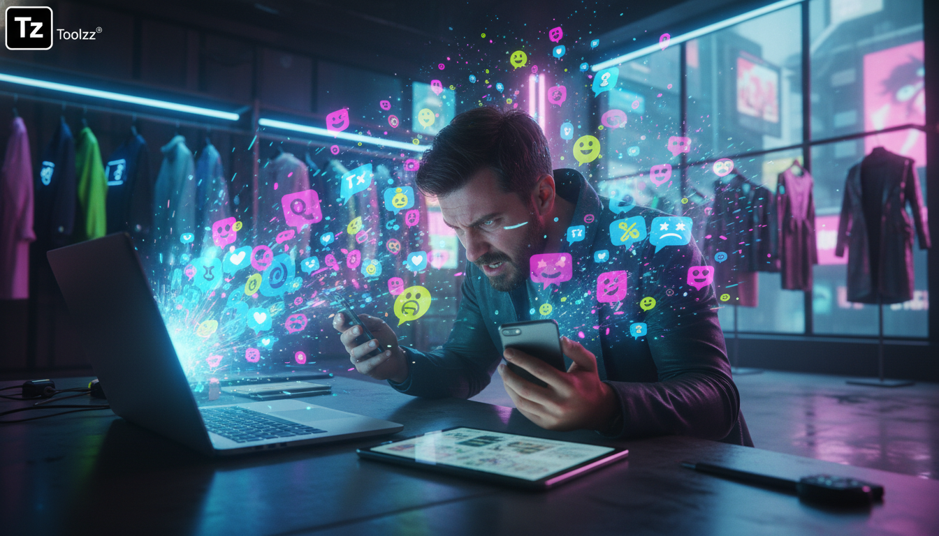 Como IA economiza tempo em Instagram Commerce — Um vendedor de uma loja de roupas, sobrecarregado, tentando responder a várias mensagens do Instagram em seu computador e celular simultaneamente. Balõe