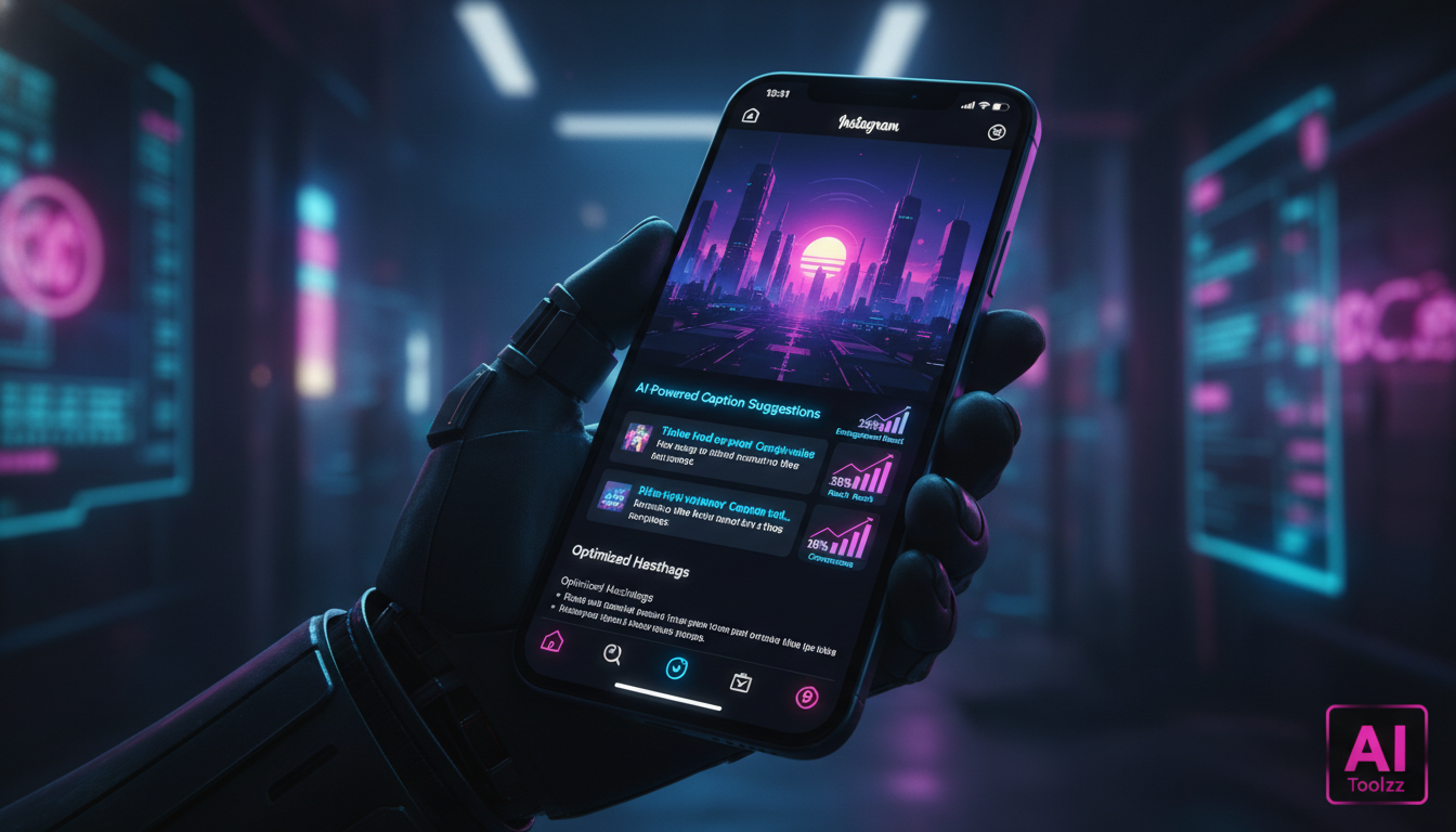 Como IA está transformando a Automação do Instagram — Uma tela de celular mostrando a interface do Instagram com um post sendo criado por uma IA. A IA sugere legendas e hashtags otimizadas para o post