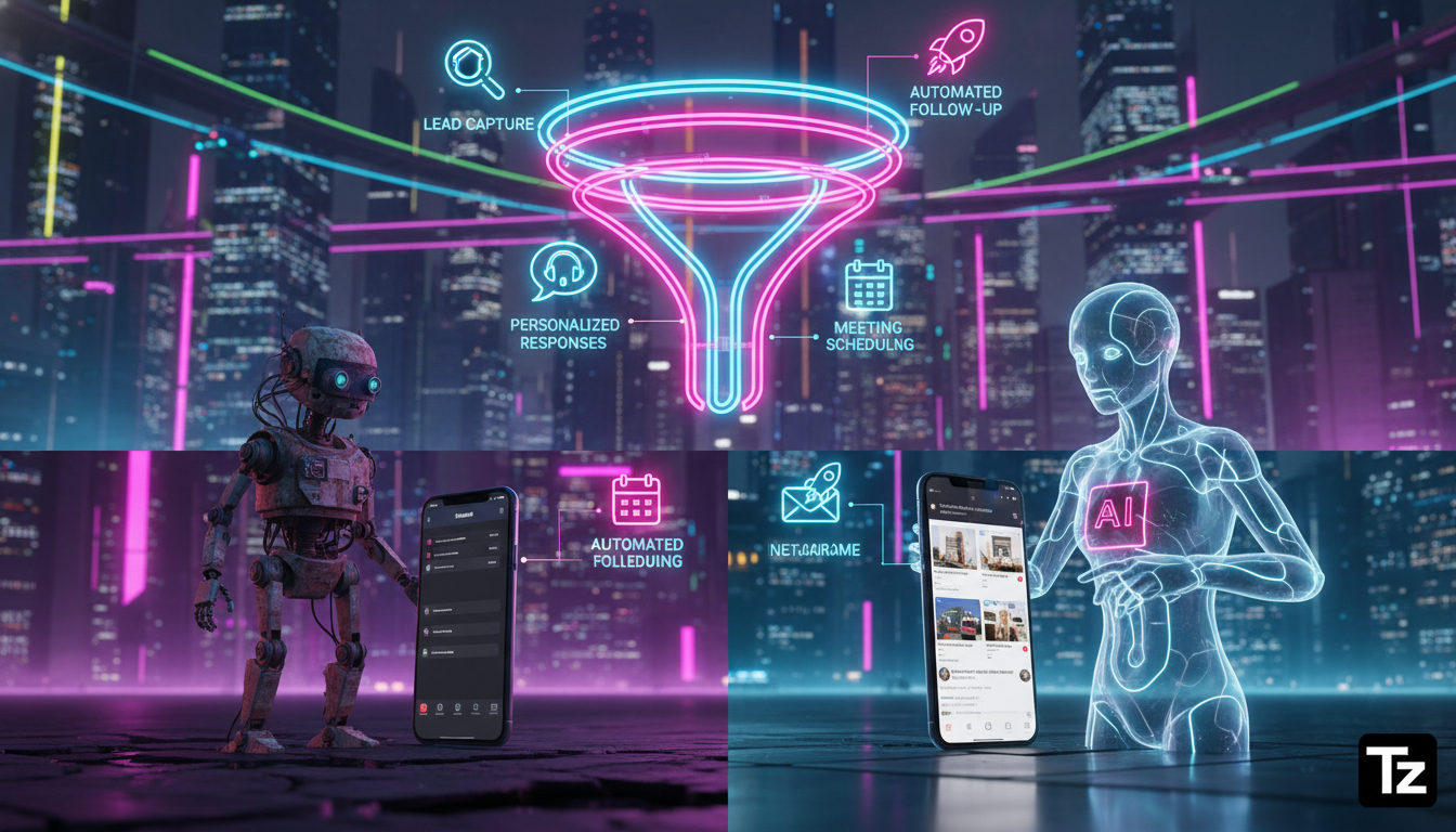 Como IA está transformando a automação do Instagram para imobiliárias — Um diagrama infográfico dividido em duas partes para carrossel no Instagram. Parte superior: Um funil de vendas estilizado com í