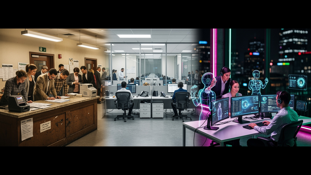 Como IA está transformando o Atendimento em 2026 — Ilustração digital mostrando a evolução do atendimento ao cliente ao longo do tempo. Da esquerda para a direita: um balcão de atendimento físico com