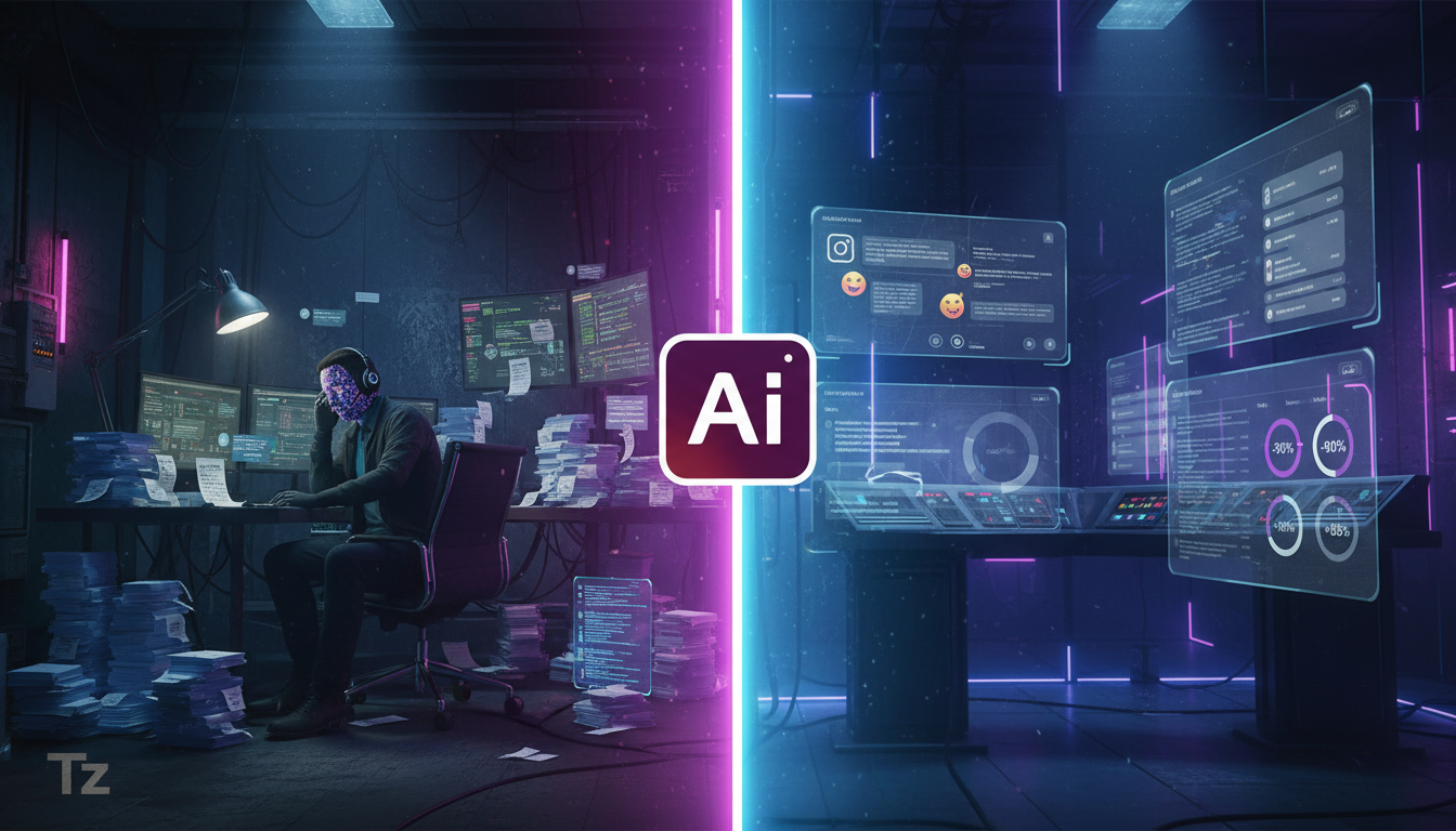 Como IA está transformando o Atendimento no Instagram — Um diagrama de fluxo que mostra a evolução do atendimento ao cliente no Instagram. No início, um atendente solitário sobrecarregado por pilhas d
