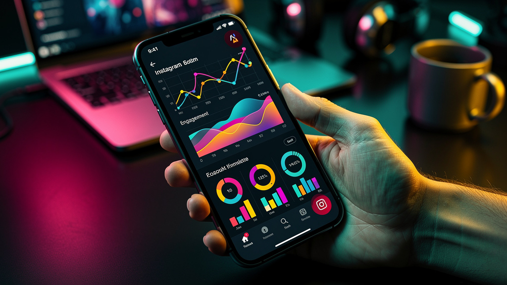 Como IA está transformando o Marketing Instagram — Close-up de um smartphone exibindo um painel de controle de IA para gerenciamento de Instagram. O painel mostra gráficos de engajamento, análise de d