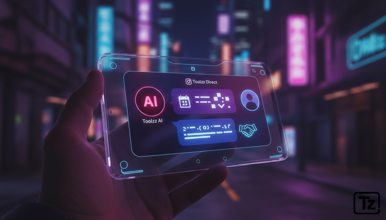 Como IA está transformando Redes Sociais — Close-up de um smartphone exibindo uma conversa no Direct do Instagram. Um agente de IA da Toolzz está conduzindo o diálogo com um cliente em potencial, ofer