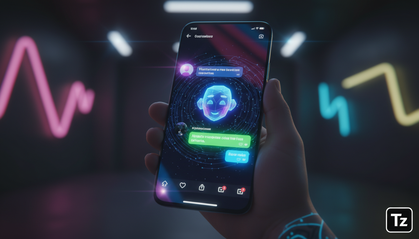 Como IA está transformando Redes Sociais — Um close-up de um smartphone exibindo um agente de IA personalizado interagindo com um cliente em uma rede social. O agente de IA tem um avatar amigável e es