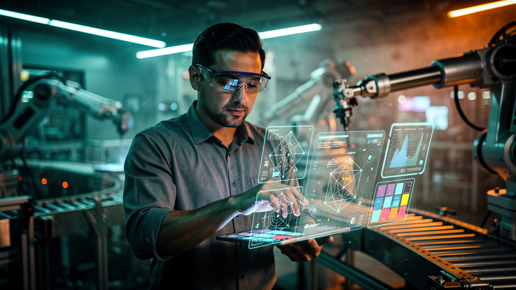 Como IA impacta o Engajamento em Educação Corporativa — Um funcionário usando óculos de realidade aumentada em um ambiente de trabalho simulado. Ele está resolvendo um problema complexo apresentado pe