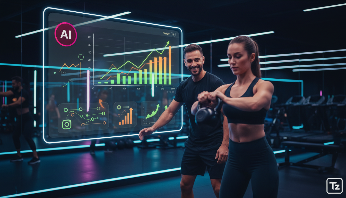 Como IA para Instagram aumentou vendas em 30% para o setor Fitness — Um personal trainer sorrindo, em um ambiente de academia moderna e bem iluminada, demonstrando um exercício para um cliente. Ao fun