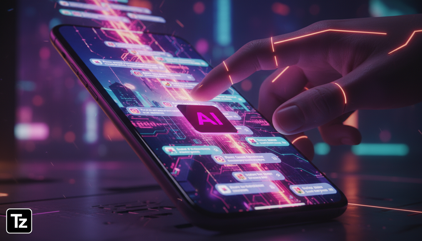 Como IA para Instagram pode reduzir custos em até 70% — Close-up de uma tela de smartphone mostrando uma avalanche de notificações de DMs do Instagram. Uma mão tenta desesperadamente responder a todas