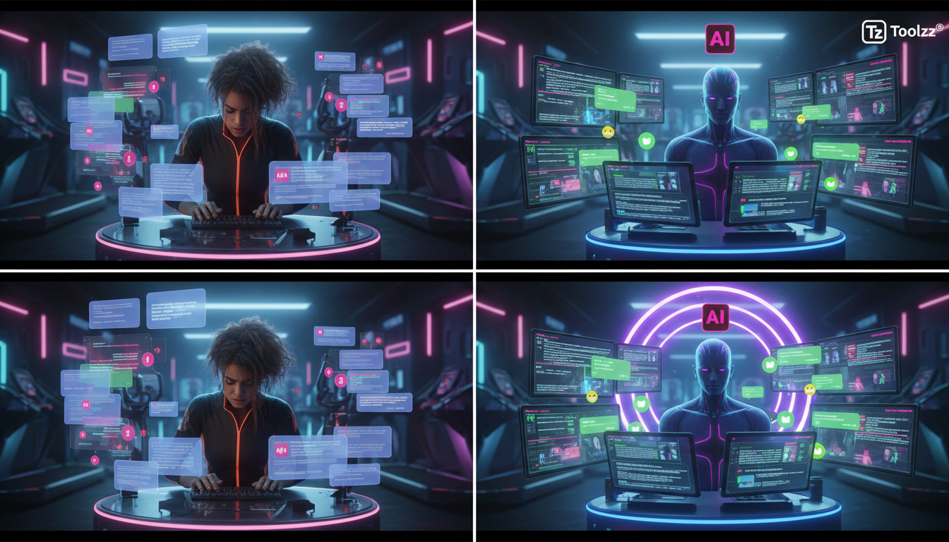 Como IA para Instagram se encaixa na jornada do cliente — Infográfico comparando o tempo de resposta a perguntas de clientes no Instagram: à esquerda, uma recepcionista de academia sobrecarregada, lut