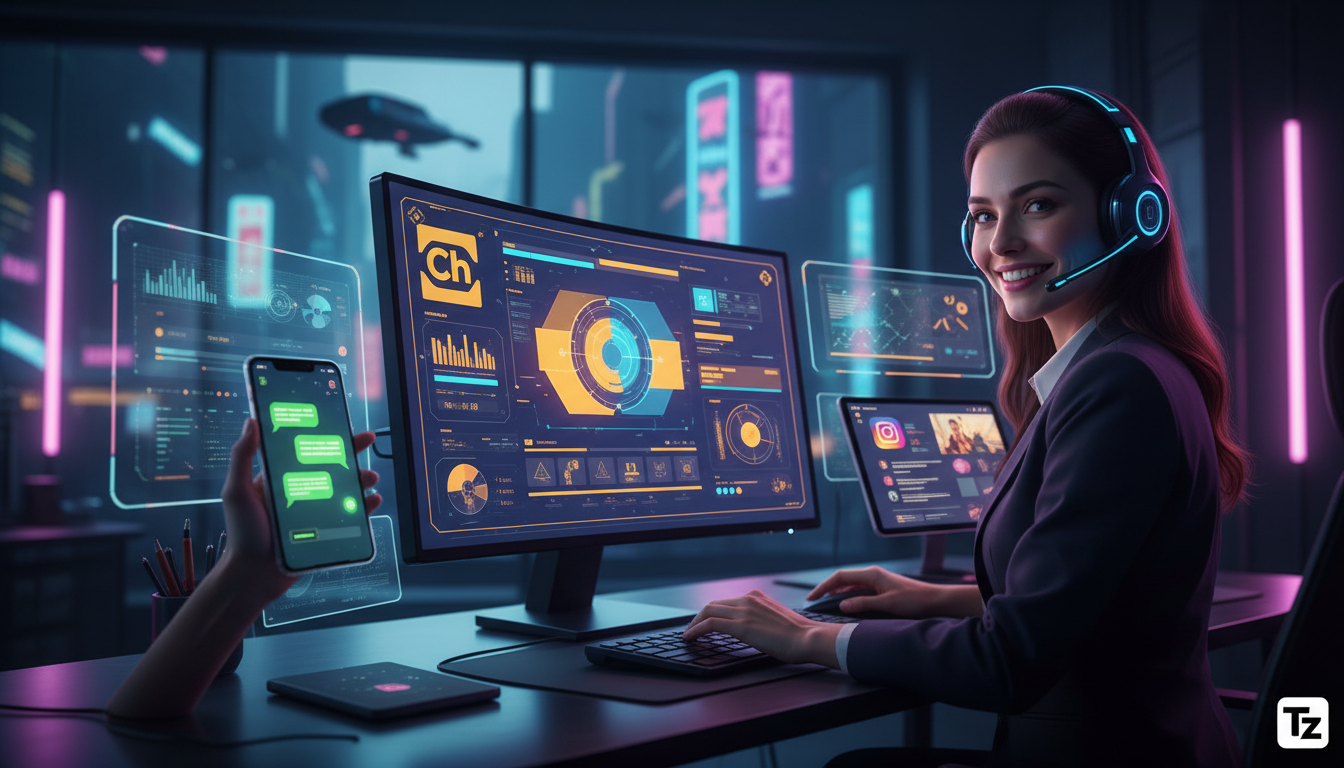 Como IA para Redes Sociais impacta o dia a dia das empresas — Um atendente de suporte ao cliente, com um headset, sorri enquanto interage com vários dispositivos simultaneamente: um monitor exibindo a