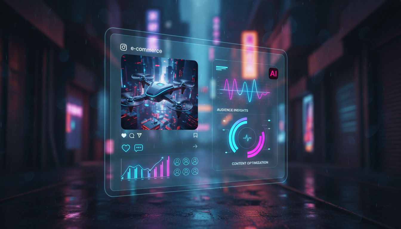 Como IA para Redes Sociais pode transformar Vendas em E-commerce — Close-up de um feed do Instagram simulado, mostrando um anúncio de e-commerce com alta taxa de engajamento (likes, comentários). Ao l