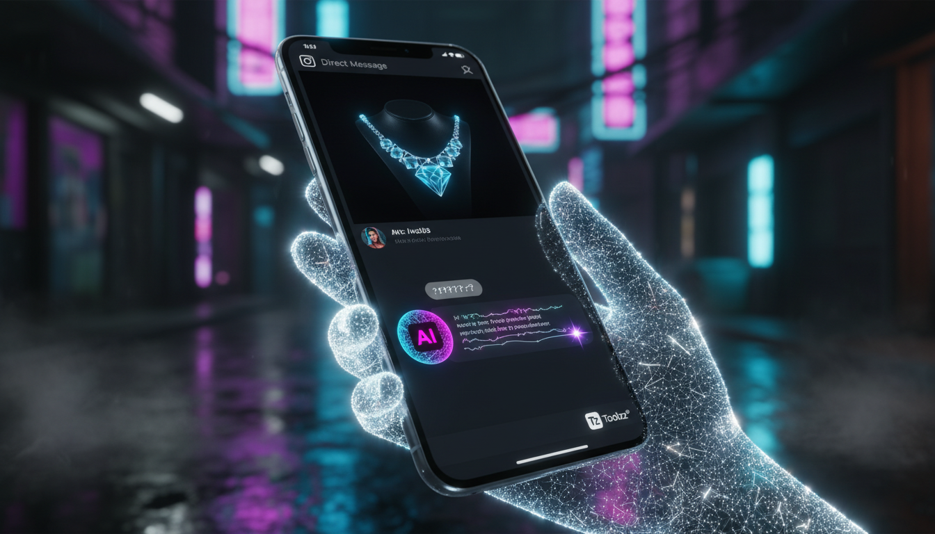 Como IA pode transformar vendas no Instagram em joalheria — Visualização em perspectiva de uma tela de smartphone mostrando uma conversa no Instagram DM. Um agente de IA da Toolzz, representado por um