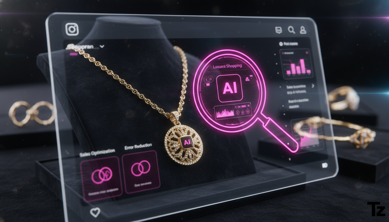 Como IA reduz erros humanos em marketing no Instagram em 2024 — Uma tela de Instagram Shopping de uma loja de acessórios de luxo, com uma lupa estilizada ampliando detalhes de um colar. Dentro da lupa