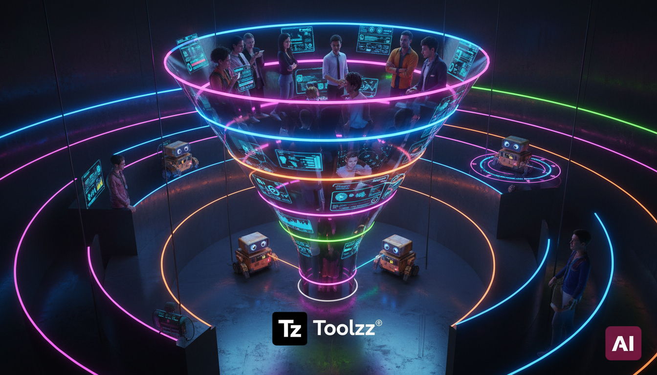 Como IA se encaixa na jornada do cliente — Um diagrama visual no formato de um funil de marketing estilizado como um labirinto de espelhos, refletindo diferentes avatares de clientes em cada etapa (at