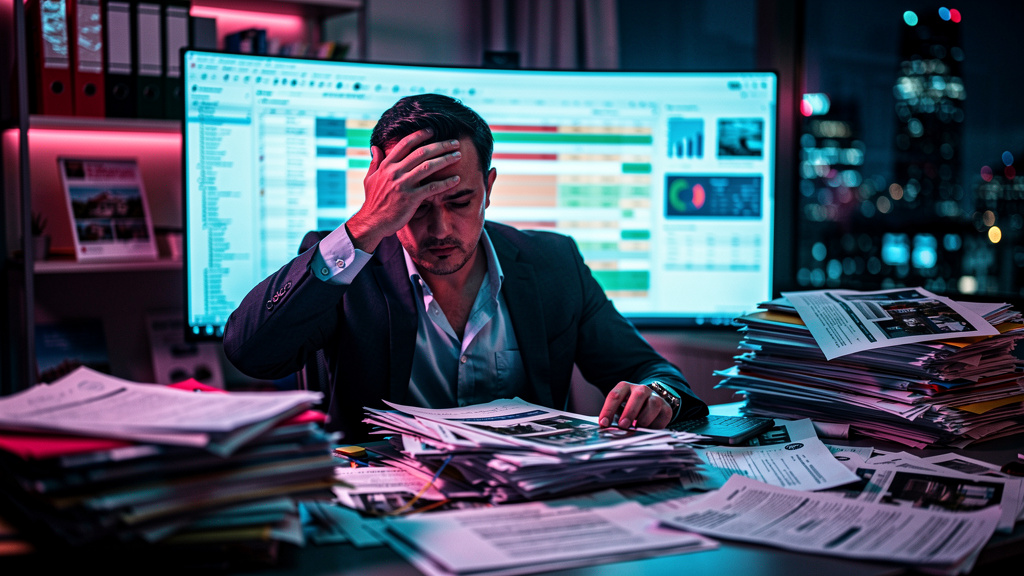 Como Imobiliárias Escalarm Conteúdo com IA: De 4 para 100+ Posts/Mês — Um corretor de imóveis, com expressão frustrada, cercado por pilhas de papel e documentos em uma mesa de escritório desorganizada