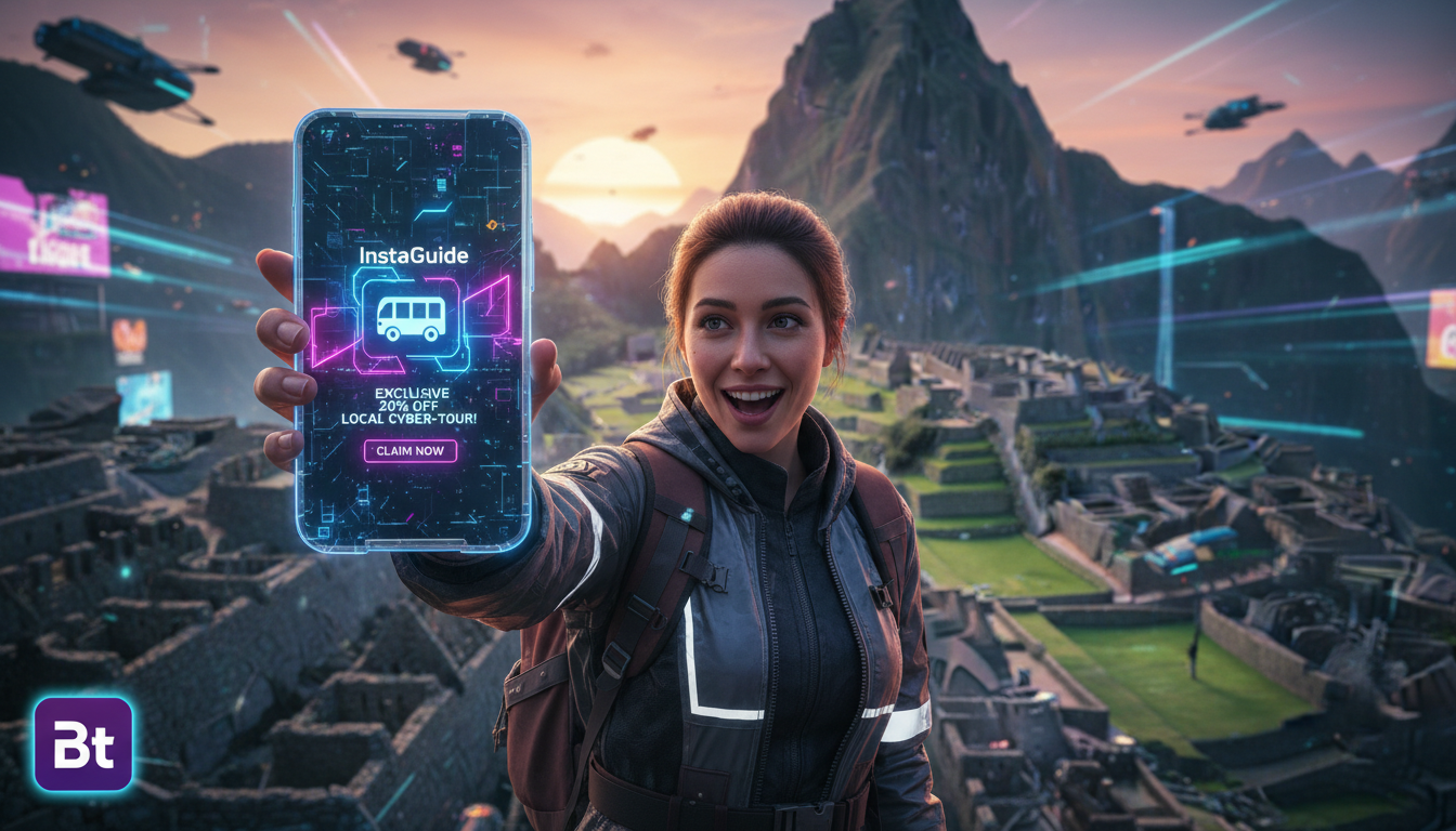 Como Implementar a Automação de Instagram DM para Turismo e Hotelaria — Um turista sorrindo, segurando seu smartphone em frente a um ponto turístico famoso. Uma notificação do Instagram DM aparece na 