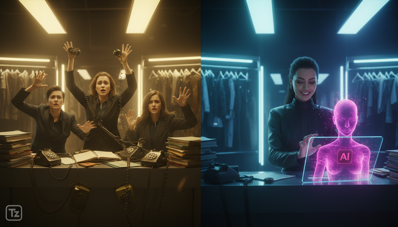 Como implementar automação Instagram do zero em moda — A split-screen illustration. On the left, a chaotic scene of a fashion boutique's reception desk overwhelmed with ringing phones, appointment boo