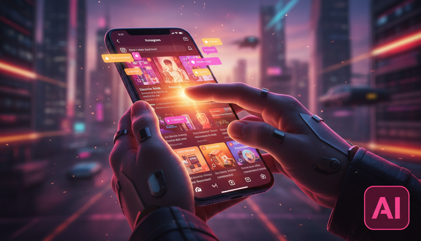 Como implementar Instagram Commerce IA em 2024 — Um close-up das mãos de uma pessoa digitando rapidamente em um smartphone, com o aplicativo Instagram aberto e o logo da Toolzz visível no canto da tel