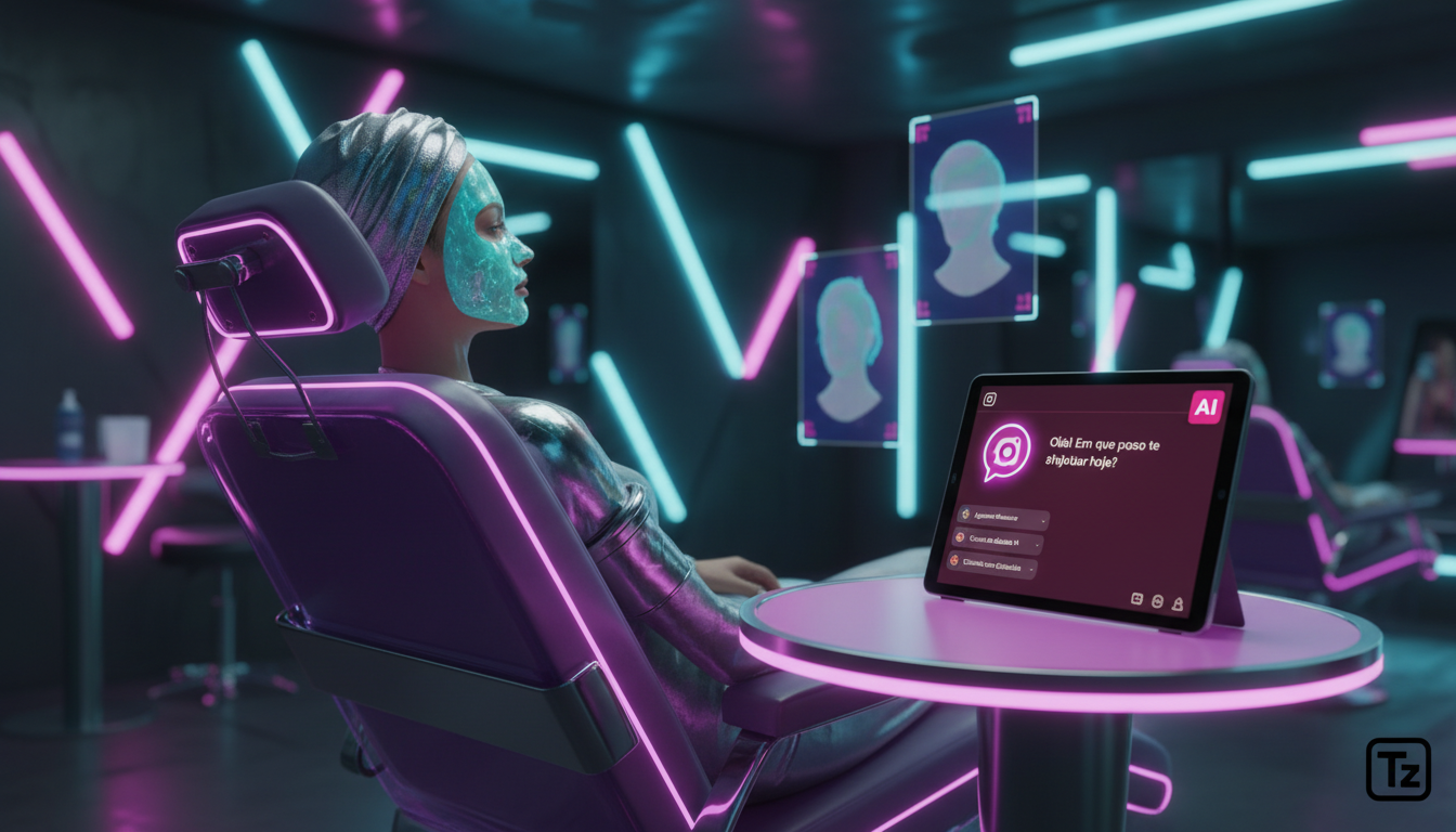 Como implementar Instagram Commerce IA em salões de beleza — Uma cliente relaxando em uma cadeira de salão moderna, com uma máscara facial aplicada. Ao lado dela, um tablet exibe um chatbot da Toolzz 