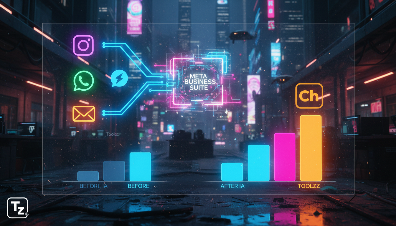 Como implementar Meta Business Suite IA do zero em agências — Um diagrama infográfico dividido em duas partes (superior e inferior para carrossel). Parte superior: Fluxograma mostrando a integração de