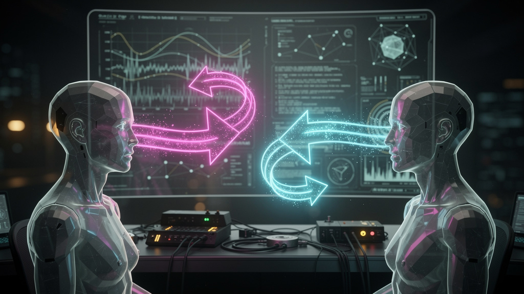 Como implementar Protocolo Agent-to-Agent do zero em 2026 — Um diagrama visual que ilustra a comunicação direta entre dois agentes de IA (representados como avatares estilizados) sem um servidor centr