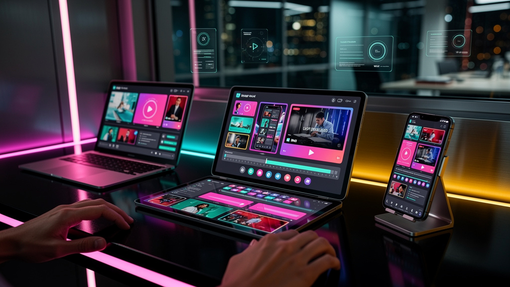 Como implementar upload de vídeo do zero em LXP — Ilustração digital minimalista mostrando diversos dispositivos (laptop, tablet, smartphone) exibindo a interface da Toolzz LXP com vídeos de diferente