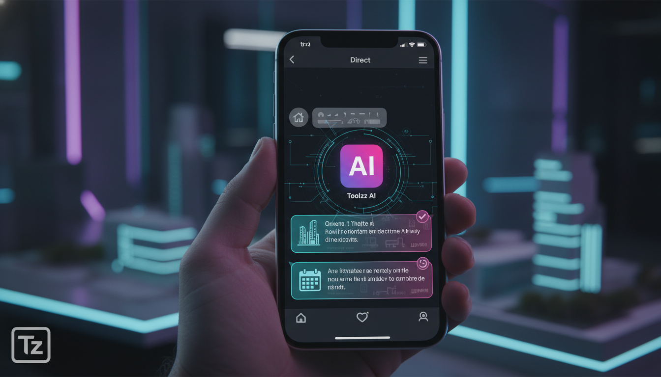 Como implementar vendas no Instagram com IA do zero em imobiliárias — Close-up de um smartphone mostrando uma conversa no Instagram Direct. Um cliente está perguntando sobre um imóvel e um chatbot da 
