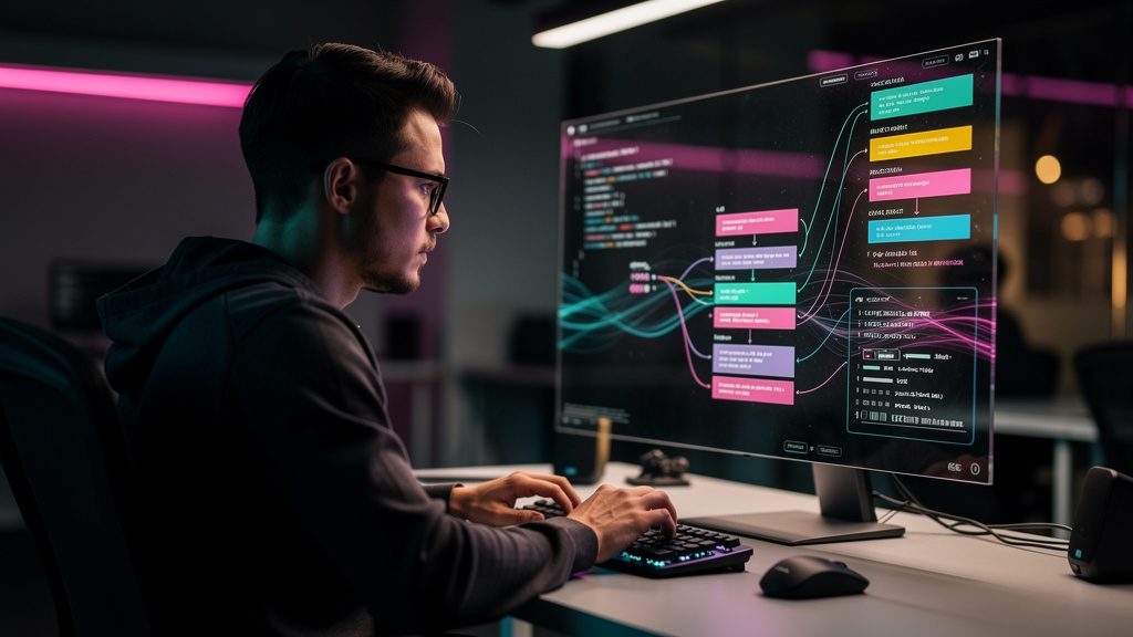 Como Implementar Vibe-Coding do Zero em 2026 — Um usuário digitando uma descrição vaga do software desejado em uma interface de IA minimalista. A interface da IA mostra sugestões de código em tempo re