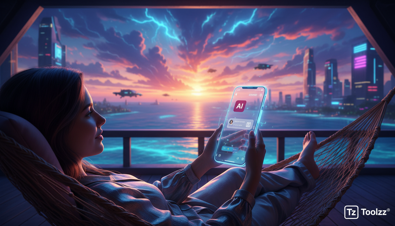 Como Instagram API pode transformar agendamentos em turismo — Uma pessoa de férias, relaxando em uma rede em uma varanda com vista para o mar, usando o celular para agendar um passeio turístico atravé