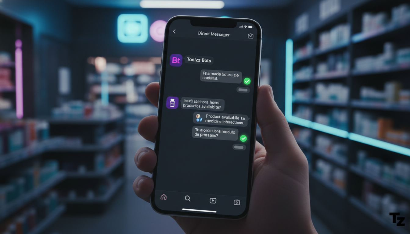 Como Instagram Commerce IA elimina a perda de leads — Close-up de um smartphone exibindo uma conversa no Instagram Direct. A tela mostra um chatbot com o logo da Toolzz respondendo instantaneamente a 