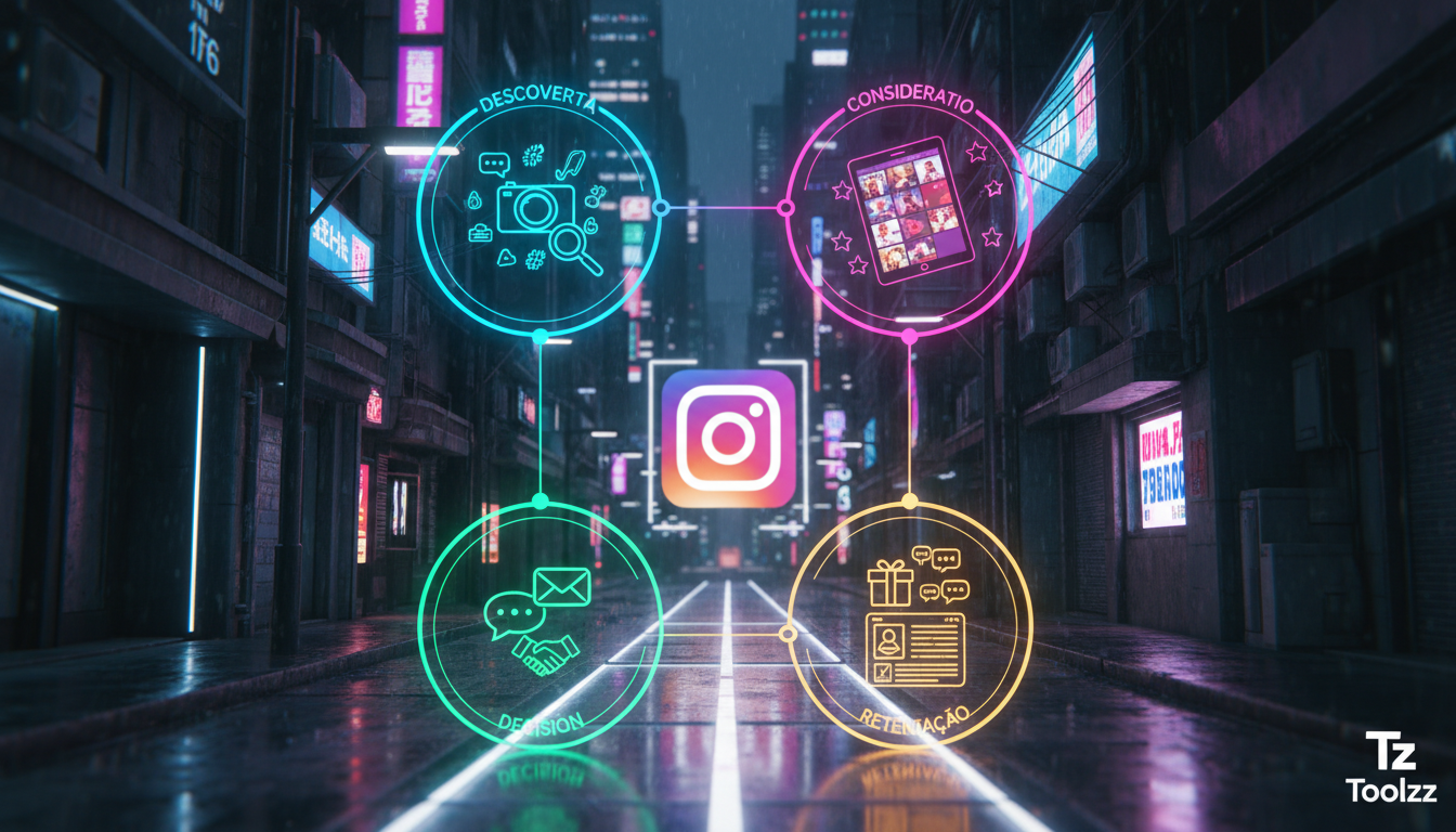 Como Instagram se encaixa na jornada do cliente — Um diagrama visual que representa a jornada do cliente no Instagram para fotógrafos/videomakers. O diagrama mostra as etapas de descoberta (hashtags, 