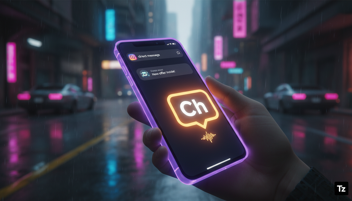 Como integrar Agentes IA com Instagram em 2026 — Close-up de um smartphone mostrando uma notificação do Instagram. Um balão de mensagem do chatbot da Toolzz aparece sobreposto à notificação, oferecend