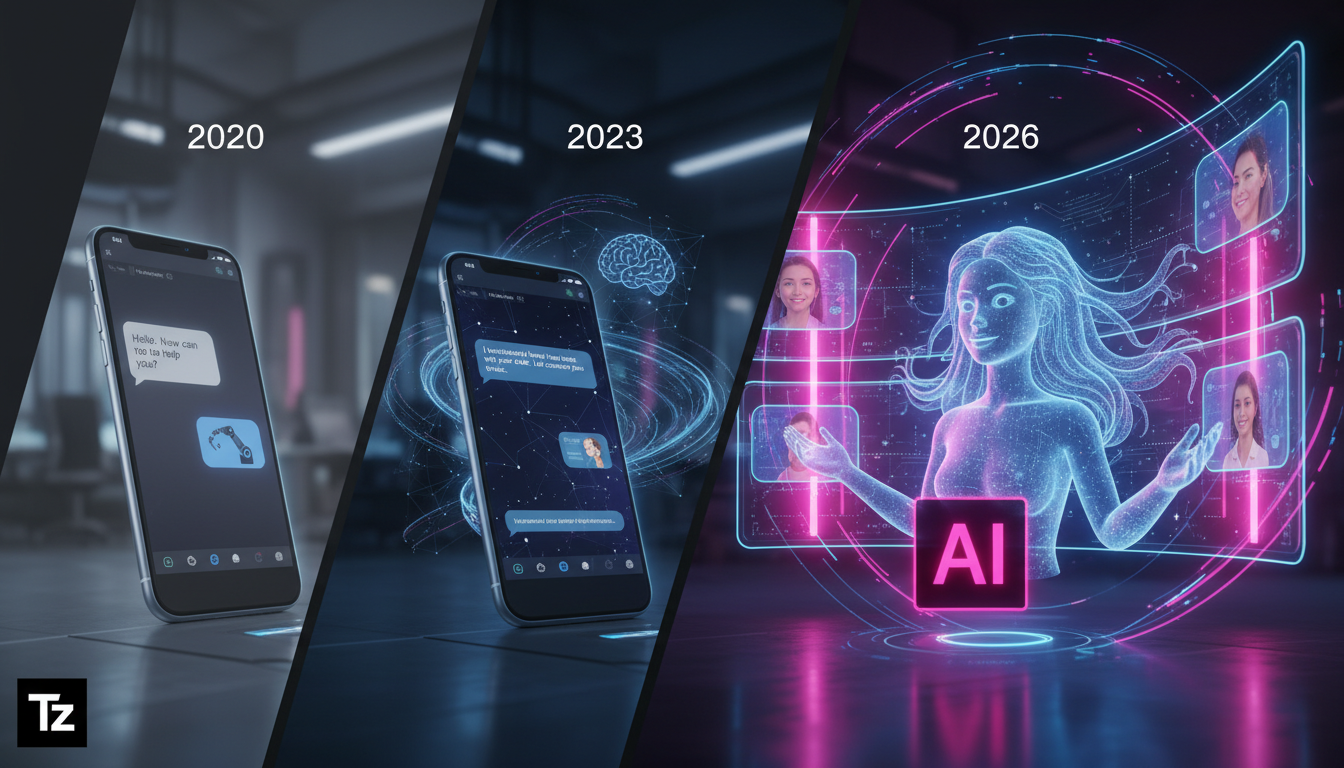 Como integrar Automação Instagram com Atendimento em 2026 — Um diagrama visual mostrando a evolução da automação no Instagram ao longo dos anos. Em 2020, vemos respostas automáticas simples. Em 2023, 