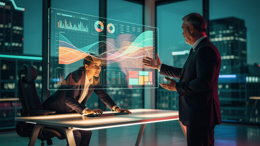 Como integrar Fluxos de Human Approval com IA em 2026 — Um executivo de terno, em pé em frente a uma tela grande que exibe dados financeiros complexos e projeções de mercado geradas por IA. Ele está g