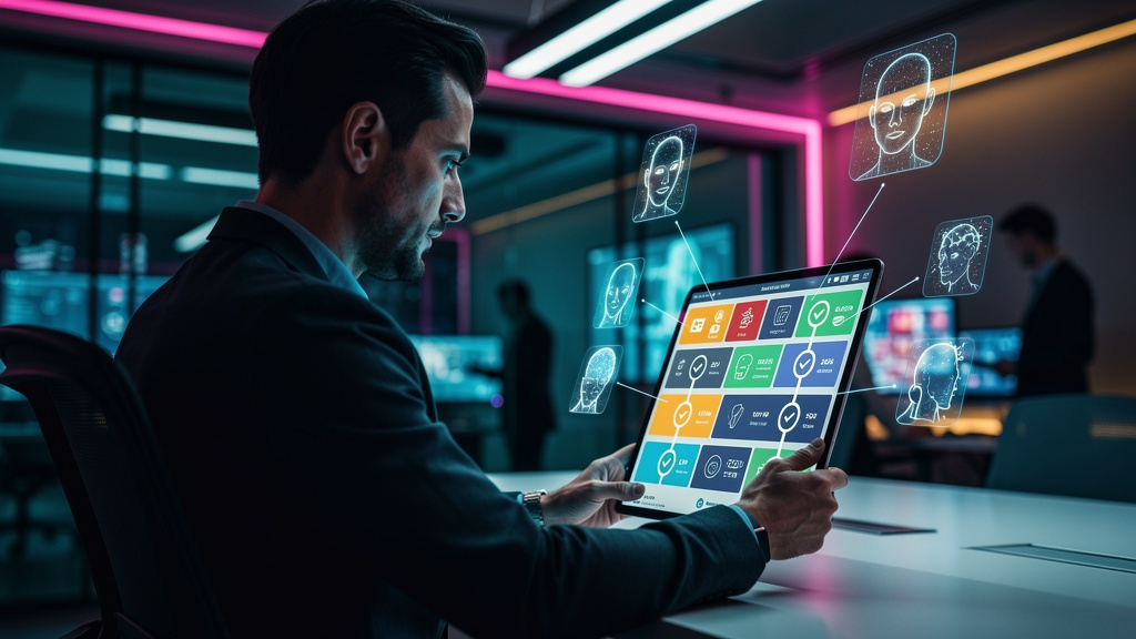 Como Integrar IA com LXP em 2026: 7 Vantagens da Toolzz para Empresas — Um usuário interagindo com um LXP em um tablet, com uma interface intuitiva mostrando trilhas de aprendizado personalizadas. Age