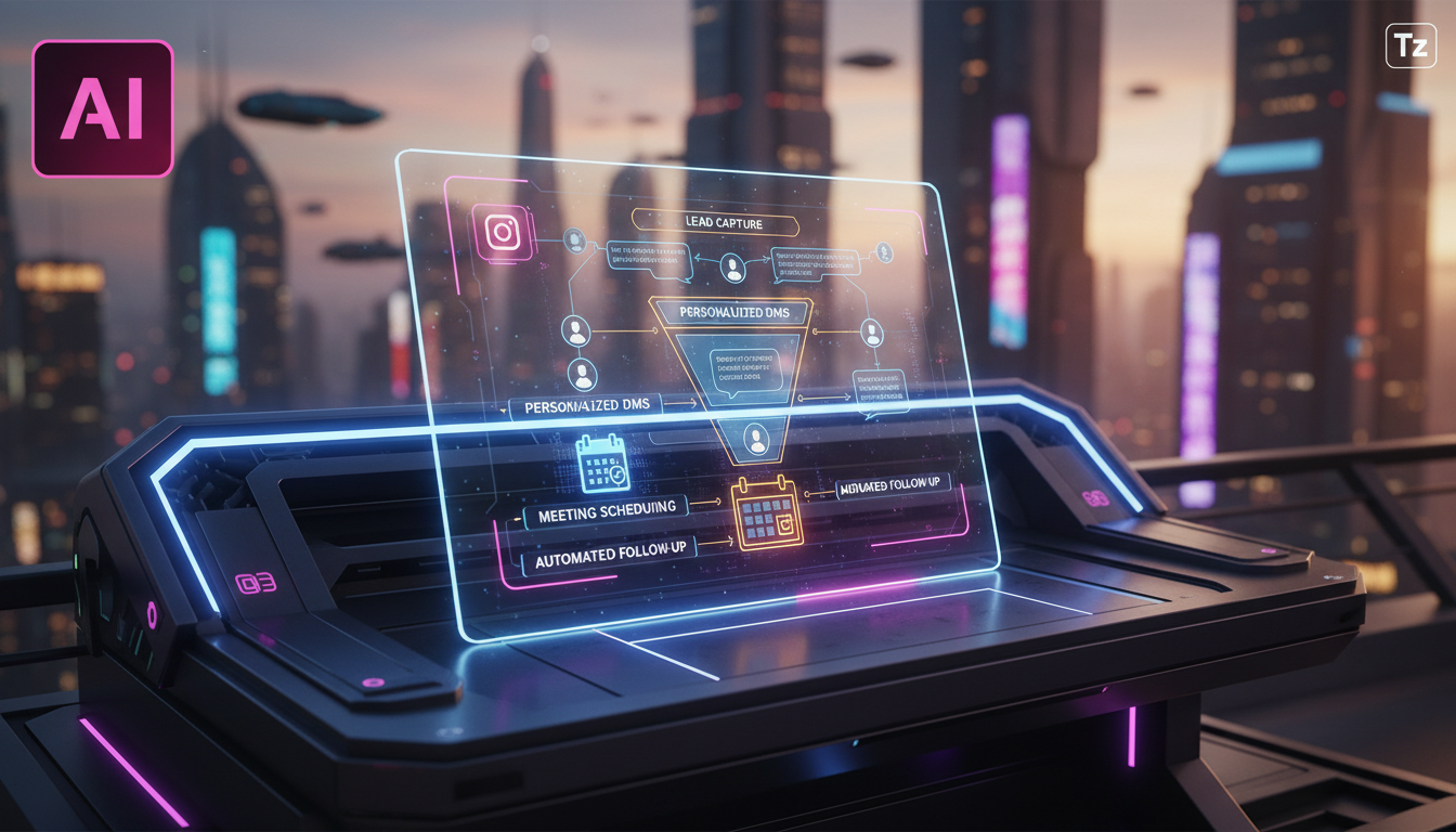 Como integrar IA com marketing imobiliário no Instagram em 2026 — Um painel de controle de IA exibido em um tablet, mostrando o funil de vendas automatizado para o mercado imobiliário no Instagram. O 