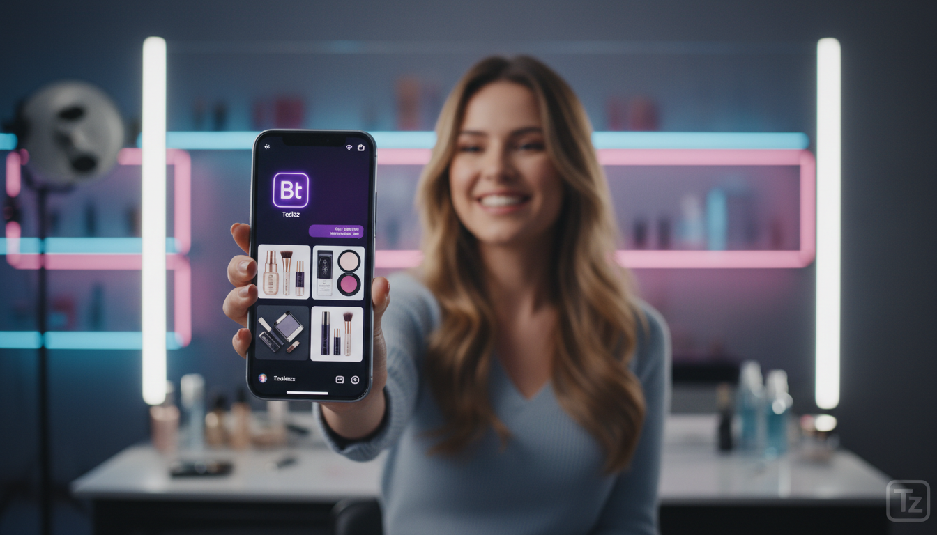 Como integrar Instagram Commerce com IA em 2024 — Um influenciador digital, sorrindo e segurando um smartphone, está filmando um vídeo para o Instagram Stories. O vídeo mostra produtos de beleza. No c