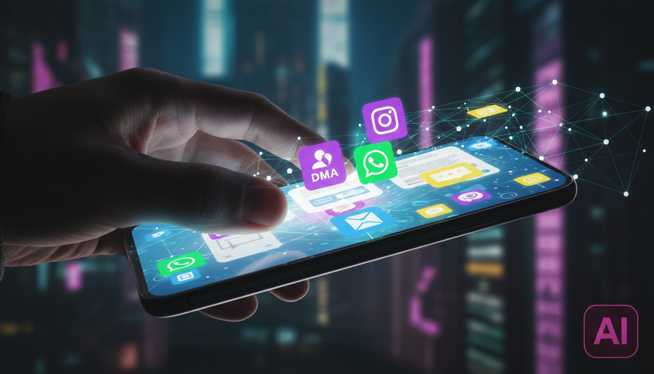 Como integrar Meta Business Suite IA com atendimento omnichannel — Close-up em um smartphone exibindo múltiplas notificações de diferentes canais de comunicação (Instagram DM, WhatsApp, e-mail, chat d