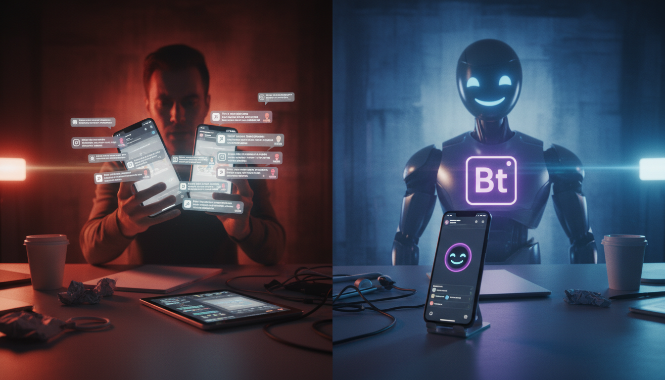 Como justificar investimento em automação de Instagram para a diretoria — Uma mesa de escritório caótica com vários smartphones e notificações piscando. A mão de um funcionário tentando desesperadamen