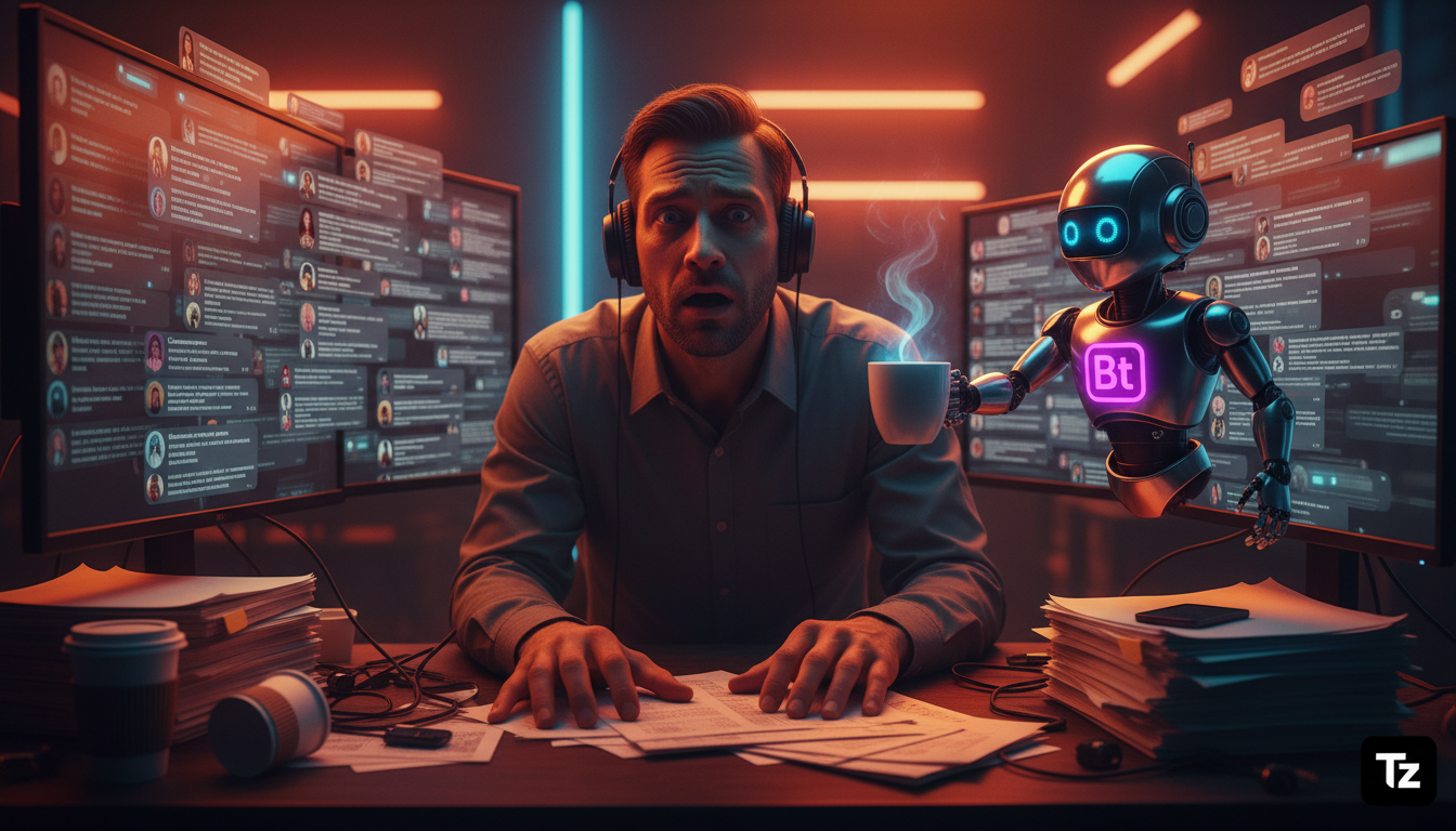 Como justificar investimento em chatbot Instagram DM para 2026 — Um close-up das mãos de um atendente de suporte ao cliente visivelmente sobrecarregado, cercado por pilhas de papéis e vários monitores