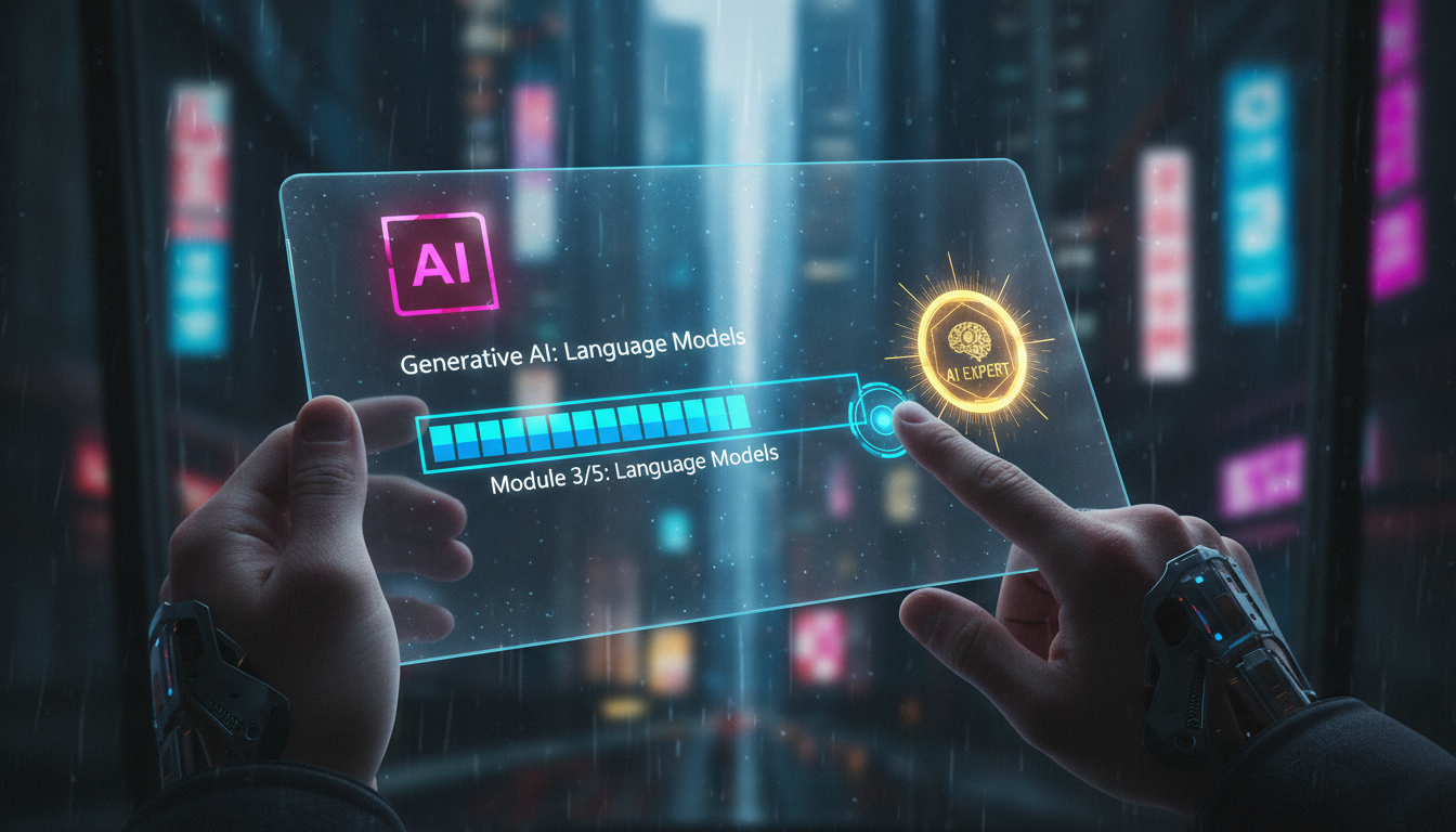 Como Lidar com a Complexidade da Barra de Progresso em LXP: Guia Completo — Close-up de um usuário interagindo com um tablet. A tela exibe um curso online da Toolzz LXP sobre IA generativa. A barra de