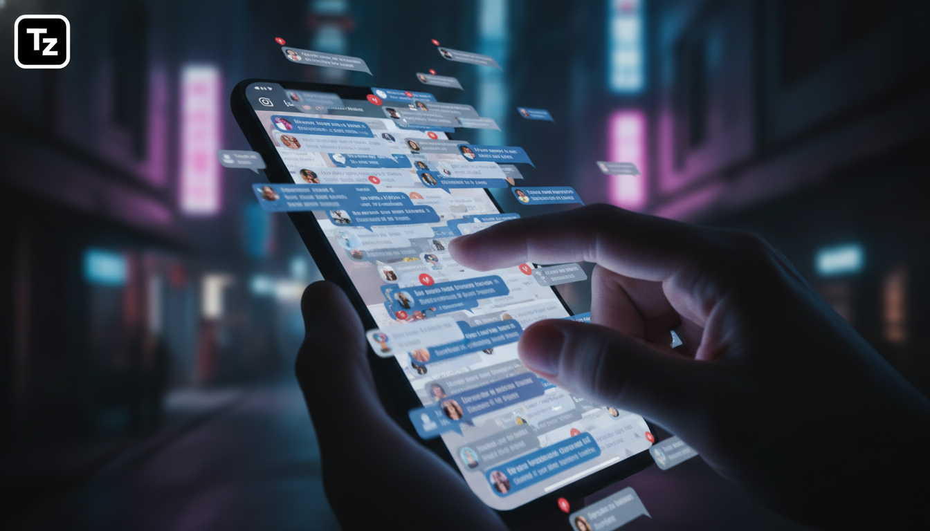 Como lidar com a complexidade do chatbot Instagram DM — Close-up de uma tela de smartphone mostrando um fluxo intenso de mensagens no Instagram DM. As notificações se acumulam rapidamente, simbolizand