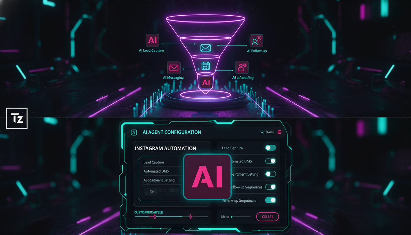 Como lidar com complexidade de IA no Instagram — Um infográfico dividido horizontalmente em duas partes para carrossel no Instagram. Parte superior: Um funil de vendas do Instagram estilizado, mostran