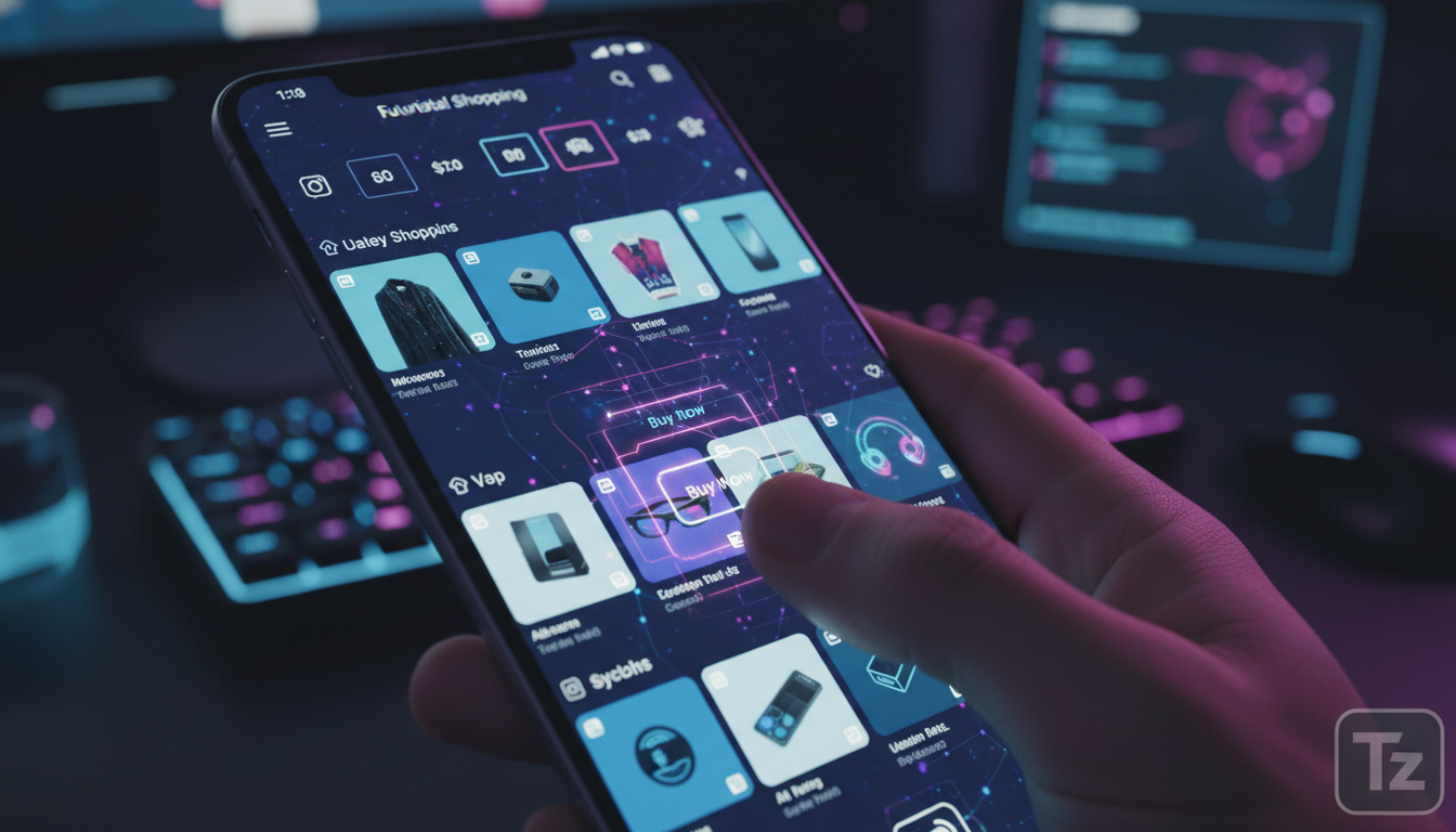 Como lidar com complexidade de Instagram commerce IA — Close-up de um smartphone exibindo a interface do Instagram Shopping. Vários produtos são mostrados em destaque, com etiquetas de preço e botões 