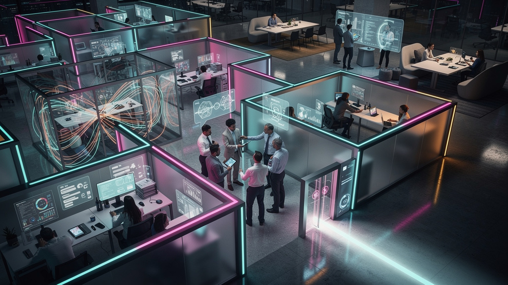 Como LMS impacta o dia a dia das empresas — Ilustração isométrica de um labirinto complexo representando os desafios na implementação de um LMS. No centro do labirinto, uma equipe de profissionais ten