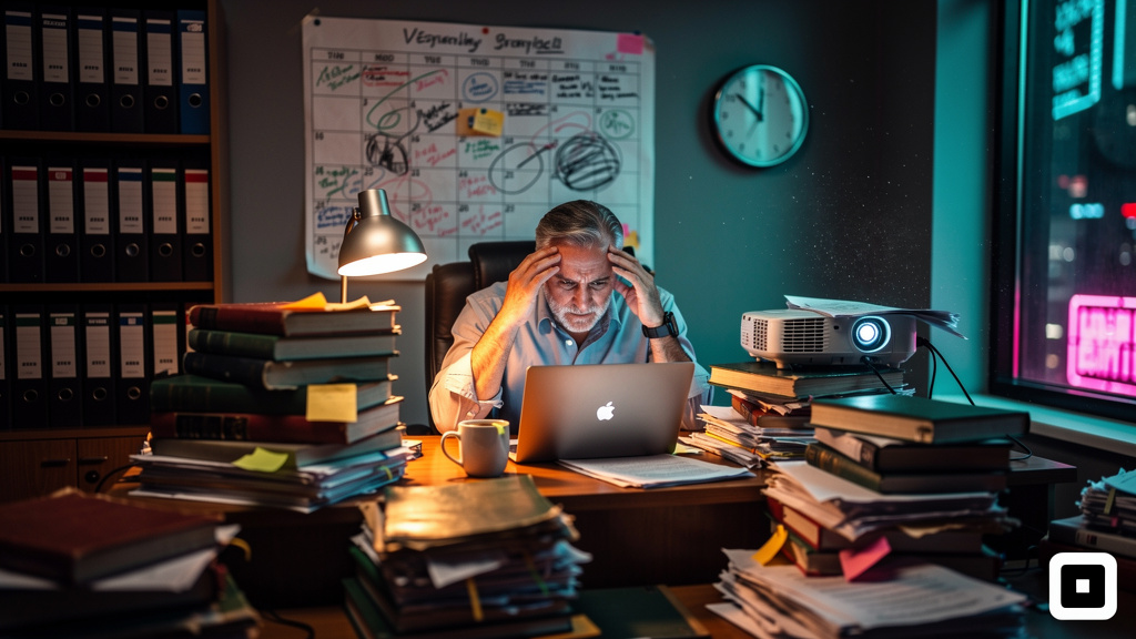 Como LXP pode reduzir custos em até 10%? — Um psicólogo em seu consultório, visivelmente frustrado, cercado por pilhas de livros e documentos de treinamento desatualizados. Um calendário rabiscado mos