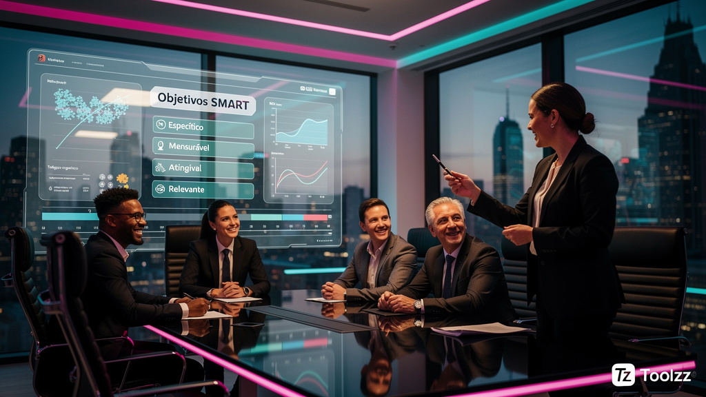 Como Medir o ROI de Marketing de Conteúdo com IA em 7 Passos Simples — Um time de executivos em uma sala de reuniões moderna, sorrindo e apontando para um dashboard projetado na parede. O dashboard ex